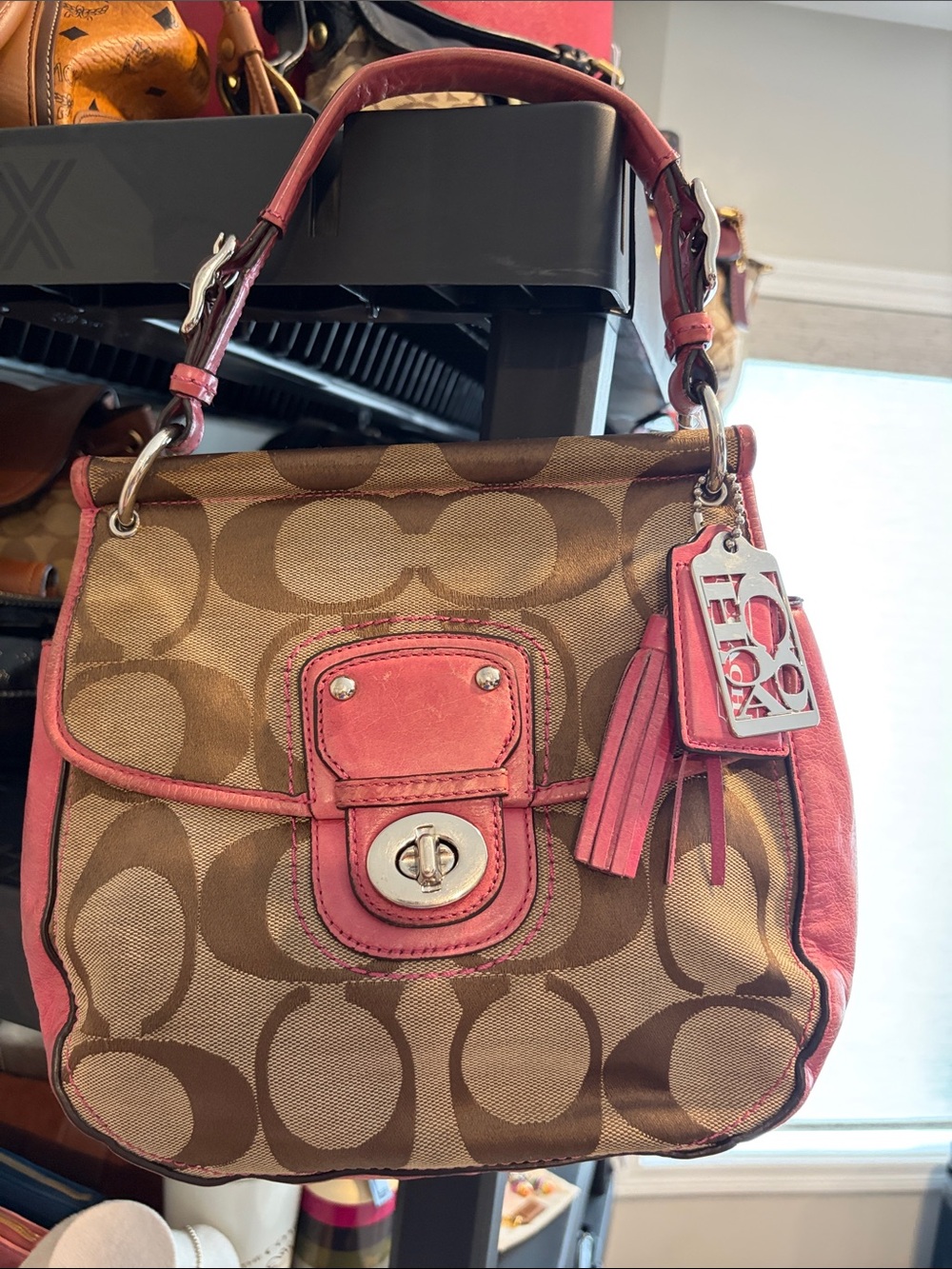 2011 Coach Brown Signature Canvas Shoulder Bag with Pink Trim